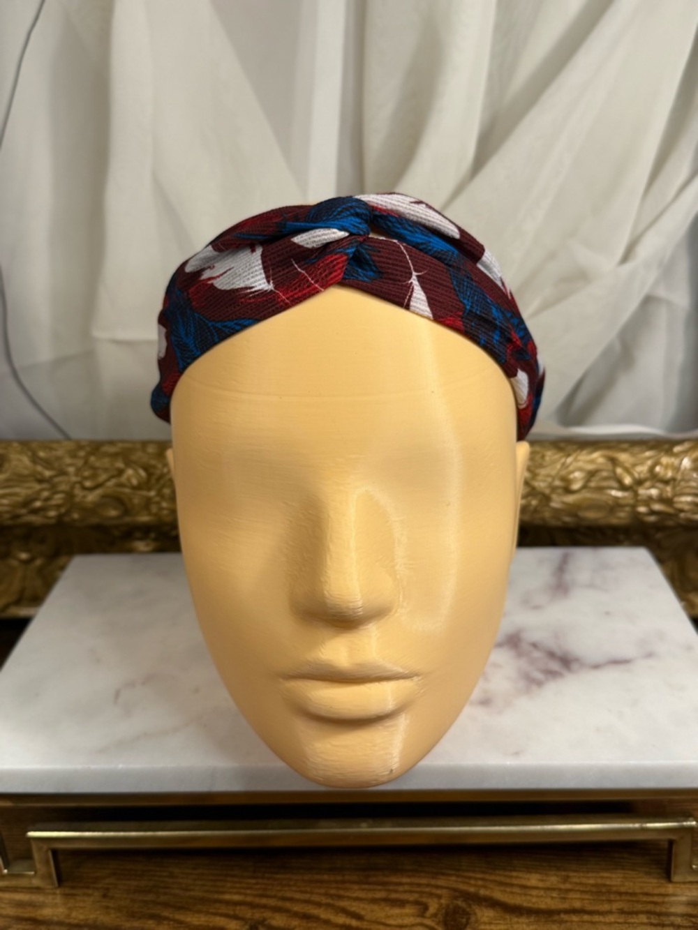 Patterned Twisted Headband in Burgundy, Blue & White